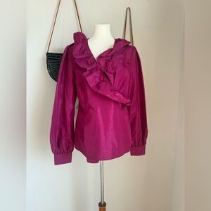 Oscar De La Renta Burgundy Ruffle Faux Wrap Blouse, Size Large